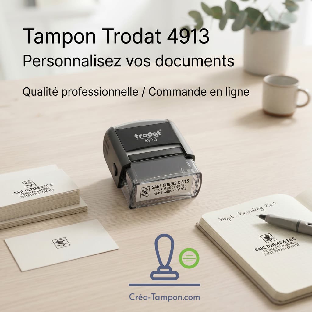 Tampon encreur personnalisé Trodat 4913 et son empreinte fraîche sur des cartes et un carnet
